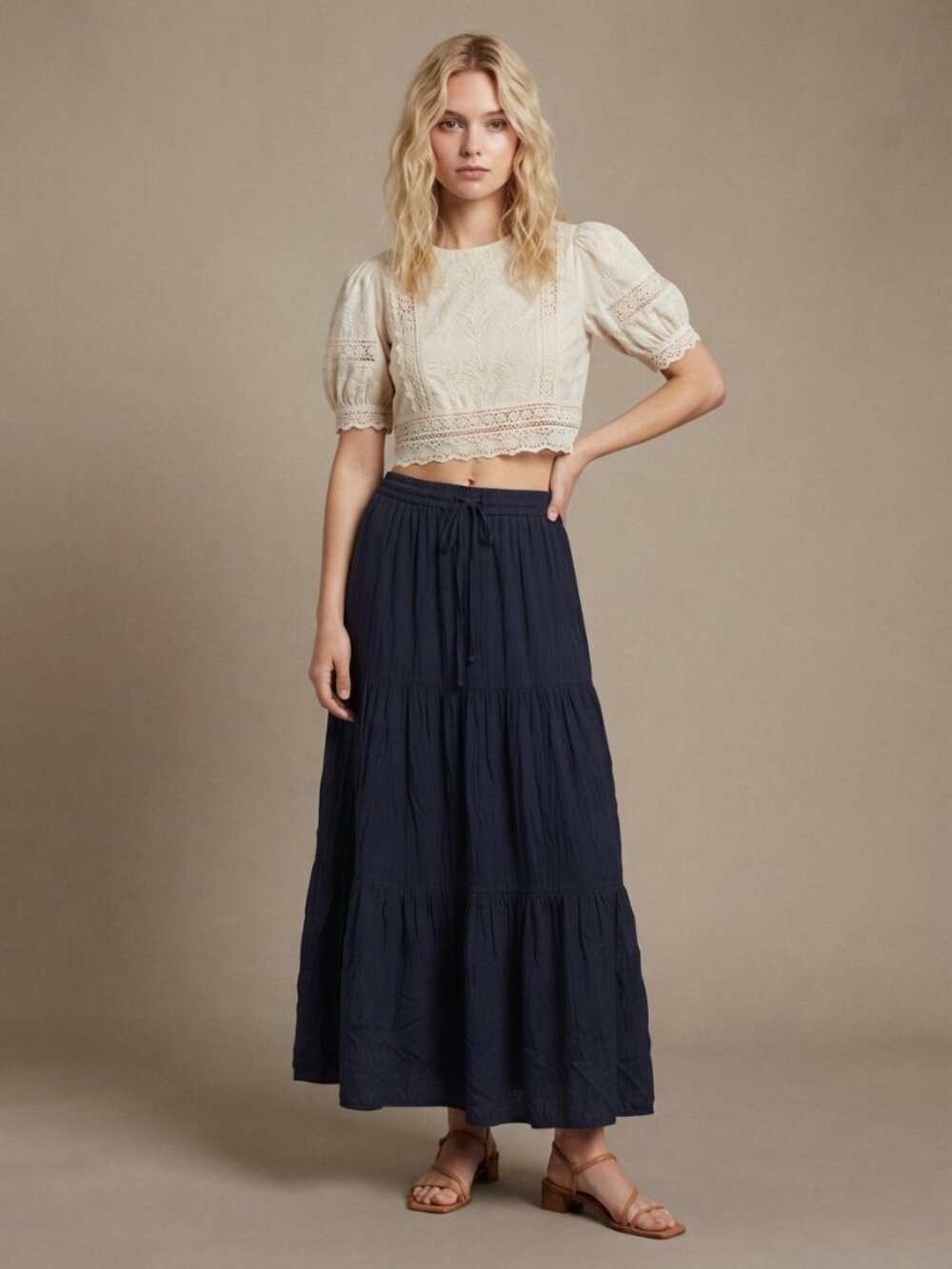 J. Jill Navy Drawstring Pullon Tiered Maxi Skirt Navy Medium #A4608